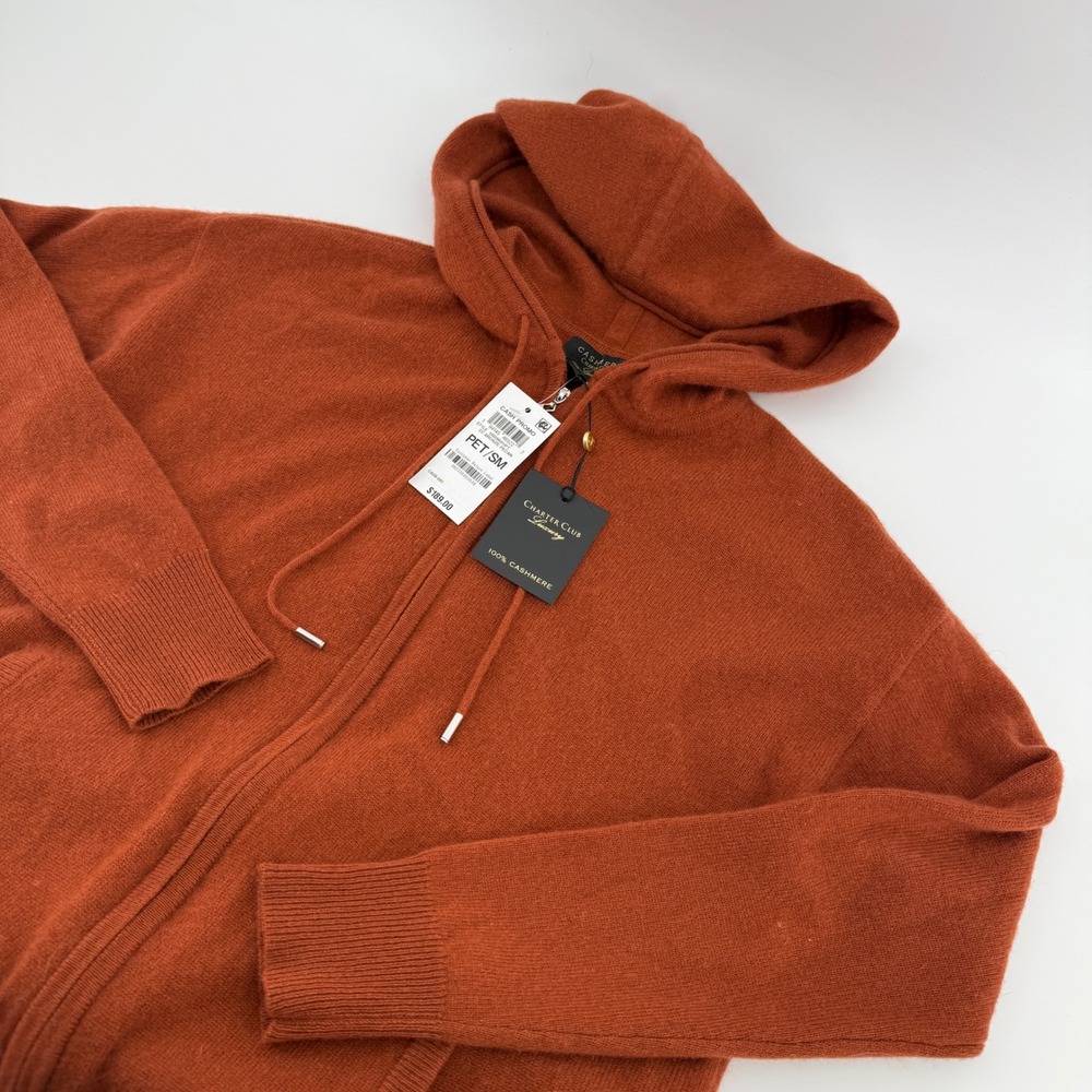 Charter Club Luxury 100% Cashmere Full Zip Hoodie Bronze Pecan Petite‎ Small NEW